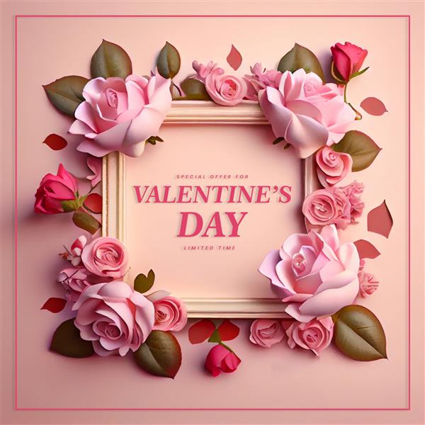 بنر پیشنهادی روز ولنتاین صورتی پاستلی زیبا قاب سه بعدی گل رز عاشقانه روز ولنتاین مبارک