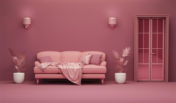 صحنه اتاق نشیمن تک رنگ با صندلی راحتی در گلدان گیاه در پس زمینه صورتی ترکیب خلاقانه پس زمینه روشن با فضای کپی رندر سه بعدی برای صفحه وب ارائه استودیو مد فروشگاه