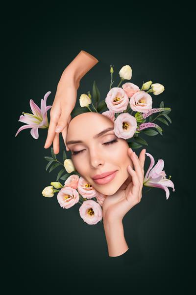 پوستر بنر کلاژ بانوی مرموز فانتزی با گل های باغچه لمسی صورت محصولات ارگانیک طبیعی را اعمال کنید