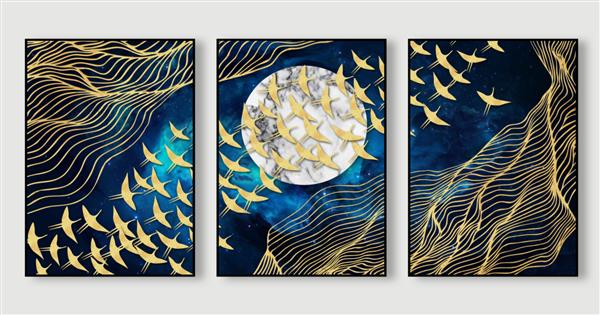 تصویرسازی هنر انتزاعی مینیمالیستی مدرن دکوراسیون دیوار معاصر با برگ های طلایی در زمینه آبی مجموعه پوسترهای هندسی خلاقانه