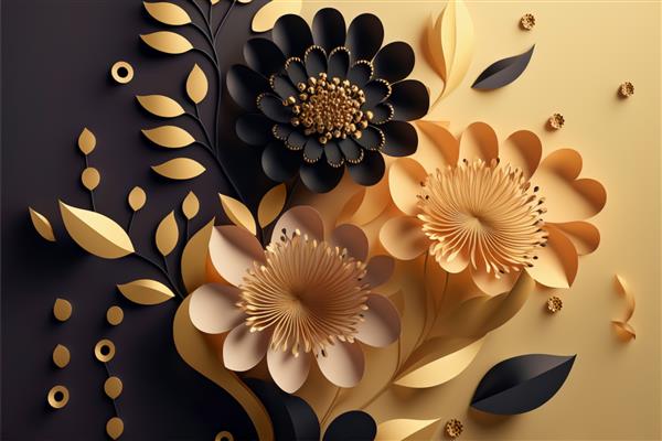 کاغذ دیواری سه بعدی گلدار گل ها و برگ های طلایی و سیاه رندر سه بعدی دکور دیوار پس زمینه