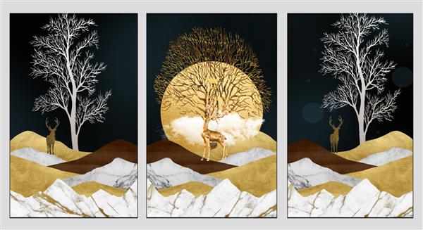 هنر بوم قاب دیواری 3 تکه درختان کریسمس کوه‌های مرمر آهو و یک ماه طلایی در پس‌زمینه منظره سه‌بعدی تاریک