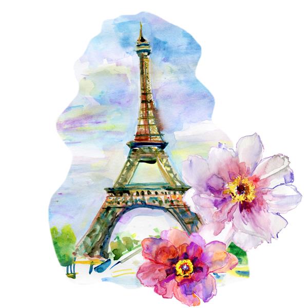 تصویر آبرنگ پاریس نقاشی دستی برج ایفل با گل