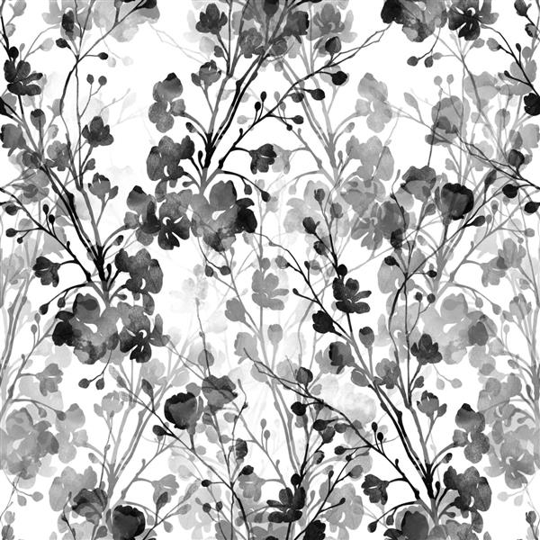 نقش‌های تک رنگ آبرنگ شاخه‌های گلدار - الگوی بدون درز کشیده شده با دست - آثار هنری ترکیبی دیجیتال برای منسوجات پارچه‌ها سوغاتی‌ها بسته‌بندی کارت‌های تبریک و کتاب‌خوانی