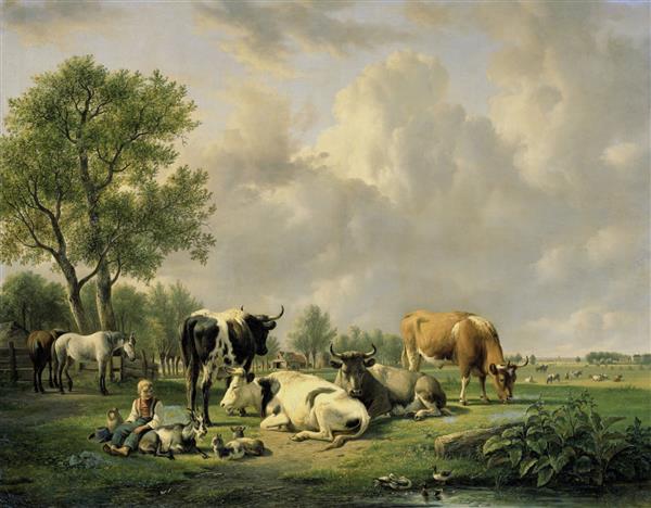 علفزار با حیوانات نوشته یان ون راونسوای 1820-37 نقاشی هلندی رنگ روغن روی بوم چراگاه با گاو و پسری با بز در سمت چپ دو اسب زیر درختان هستند و گاوهای بیشتری در دوردست