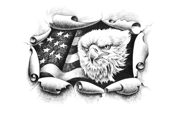 عقاب طاس آمریکایی در حال شکستن دیوار کاغذی روی پس زمینه پرچم ایالات متحده آمریکا