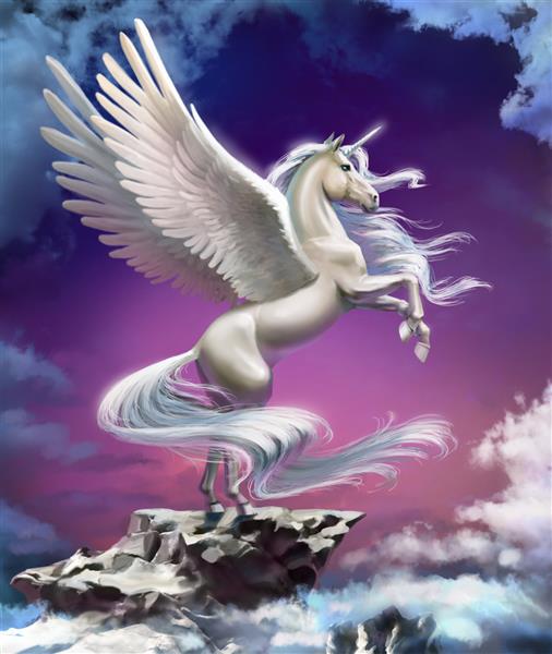 اسب شاخدار سفید با بال در برابر غروب بنفش در ابرها