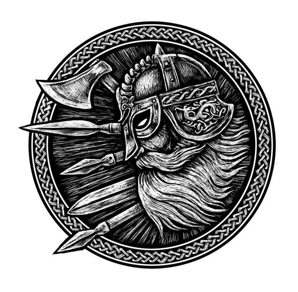سر وایکینگ باستانی در حلقه با آرم تزئینی اسکاندیناوی برای طراحی طلسم تصویر گرافیکی تبر شمشیر نیزه