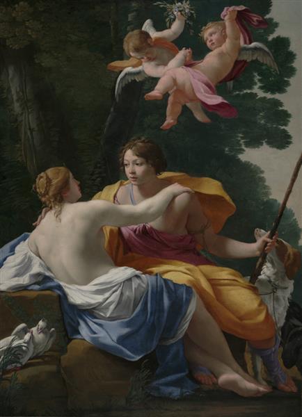 ونوس و آدونیس اثر سیمون وو 1642 نقاشی فرانسوی رنگ روغن روی بوم زهره الهه عشق معشوقه فانی بی میل خود آدونیس را که آماده بازگشت به شکار است وسوسه می کند