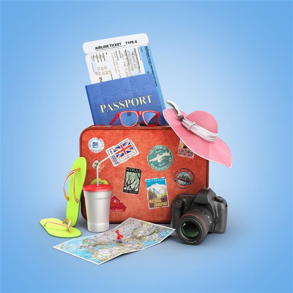 مفهوم کیف دوربین صندلی گذرنامه مسافرتی و سایر اشیاء تصاویر سه بعدی در پس زمینه گرادیان