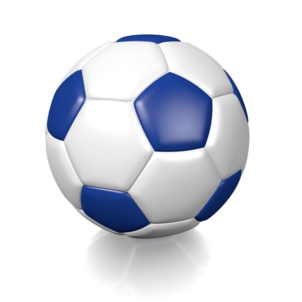 توپ فوتبال فوتبال سه بعدی سفید با لکه های آبی جدا شده در پس زمینه سفید