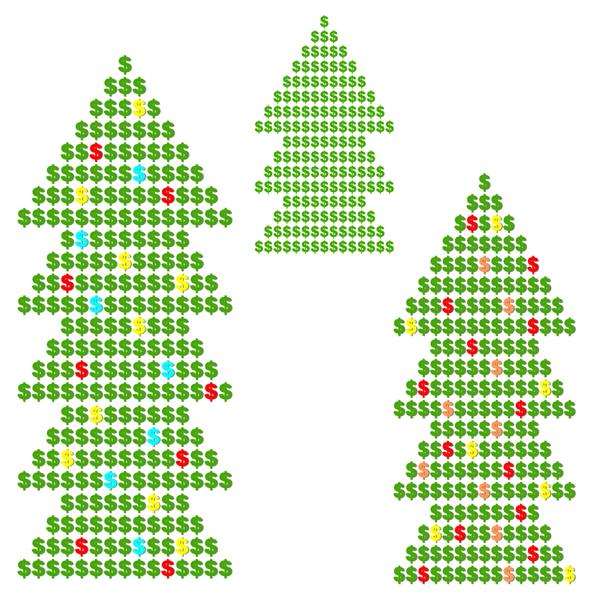 درخت کریسمس تزئین شده با نمادهای رنگارنگ دلار با تصویر JPEG
