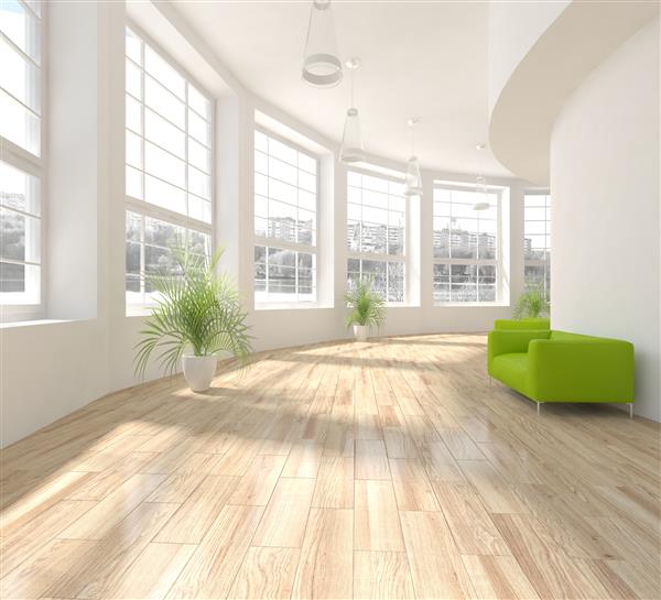 فضای داخلی مدرن سفید با پنجره های پانوراما با صندلی های سبز - رندر سه بعدی