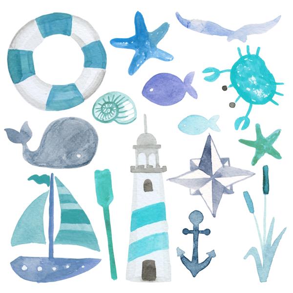 نمادهای دریایی تابستانی با آبرنگ با طرح رنگی جوهر آبی عناصر کارت مانند جلیقه نجات مرغ دریایی کشتی خانه نور لنگر ماهی و غیره به عنوان یک مجموعه