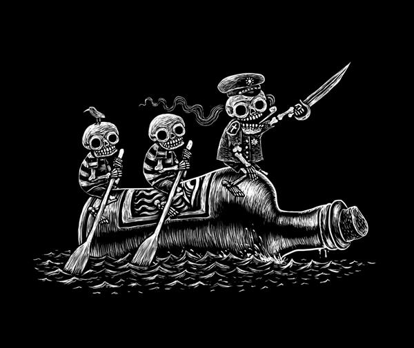 سفر دریایی الکلی سه ملوان اسکلت سرگرم کننده روی یک قایق در کنار دریا شناور می شوند تصویر کمیک سیاه و سفید