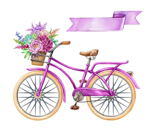 تصویر آبرنگ دوچرخه دوچرخه هیپستر برچسب روبان خالی بنر بنفش برچسب گل های وحشی کلیپ هنری تعطیلات جدا شده در پس زمینه سفید