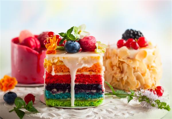برش های مختلف کیک در سینی سفید کیک رنگین کمانی کیک تمشک و کیک بادام شیرینی تزئین شده با انواع توت ها و گل های تازه برای تعطیلات