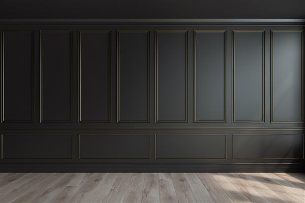فضای داخلی اتاق لوکس خالی با دیوارهای مشکی قاب مانند عناصر تزئینی روی آنها و کف چوبی رندر سه بعدی ماکت