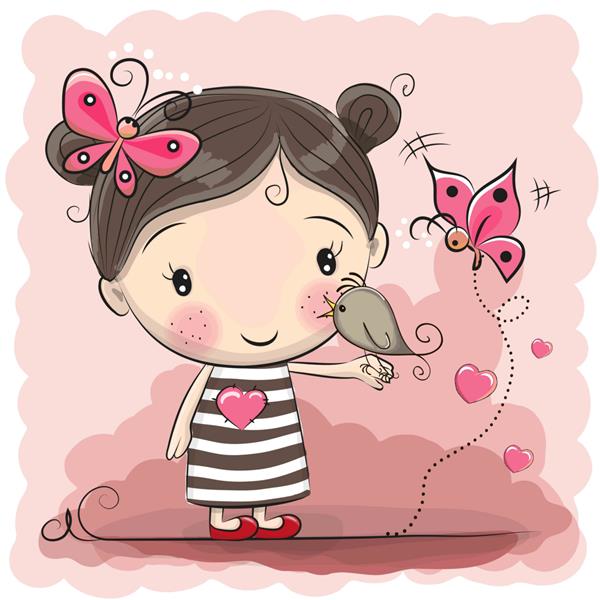 دختر کارتونی ناز با پرنده و پروانه در پس زمینه صورتی
