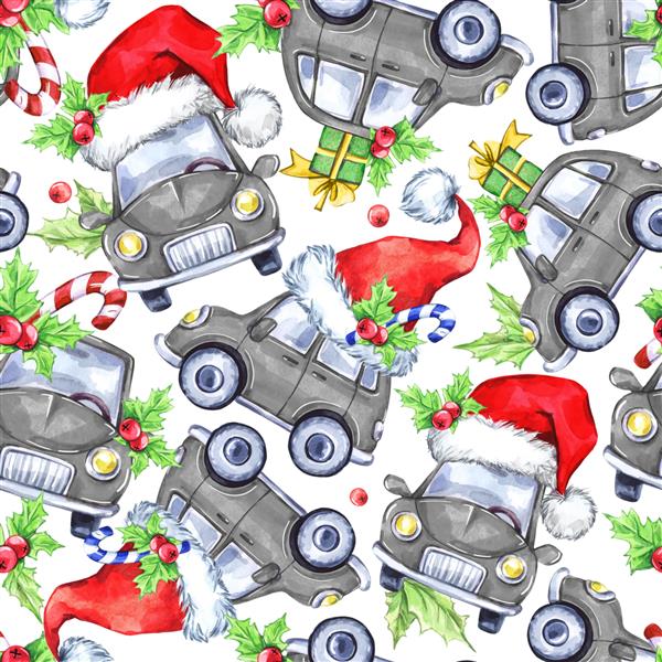 الگوی بدون درز آبرنگ با ماشین های تعطیلات کارتونی درختان و هدایا سال نو تصویرسازی جشن کریسمس مبارک قابل استفاده در طراحی تعطیلات زمستانی پوستر دعوت نامه کارت
