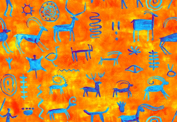 تقلید نقاشی در غار با رنگ اخرایی آبی بر روی نارنجی توسط مردی باستانی بر روی دیوار صخره ای شکار برای یک حیوان شمن نئاندرتال قلیه قوچ کشتی ماموت آهو الگوی بدون درز
