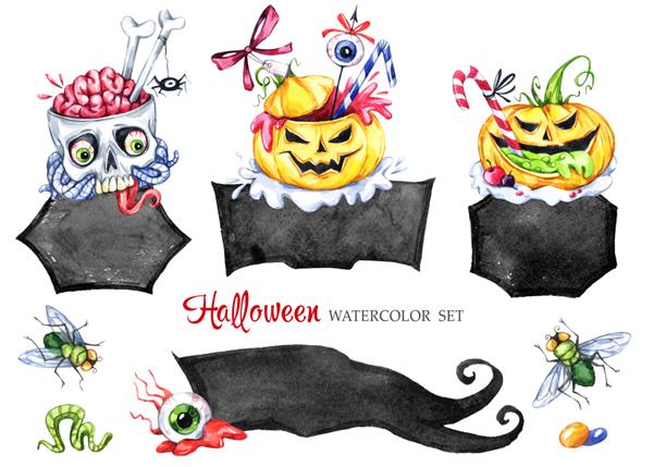 مجموعه قاب های آبرنگ دسرهای سمی مجموعه تعطیلات هالووین غذای خنده دار جادو نماد وحشت برچسب های کودکانه قابل استفاده در طراحی تعطیلات پوستر دعوت نامه کارت