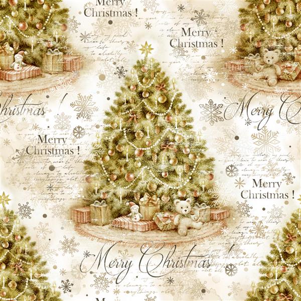 درخت کریسمس با تزئین و هدایا تصویر آبرنگ نقاشی دستی الگوی بدون درز تعطیلات قدیمی برای دعوت دکوپاژ اسکرپ بوک