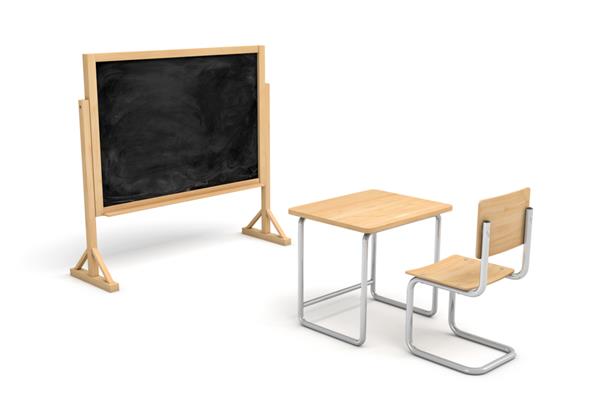 رندر سه بعدی از یک میز مدرسه چوبی جدید و یک صندلی در مقابل یک تخته سیاه خالی روی پایه چوبی وسایل کمک آموزشی کلاس تدریس مدرسه و کالج