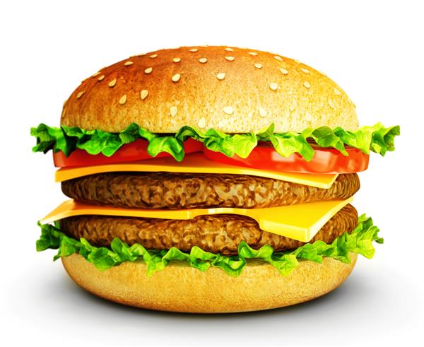 همبرگر بزرگ خوش طعم جدا شده در پس زمینه سفید تصویر سه بعدی