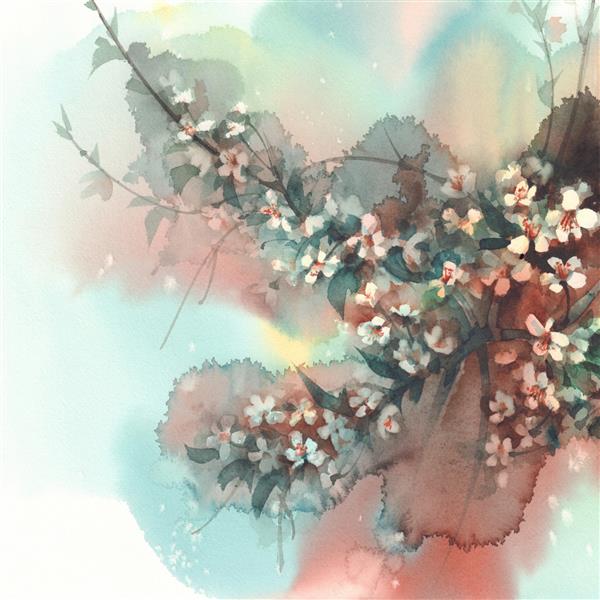 شاخه های ساکورا در پس زمینه آبرنگ شکوفه