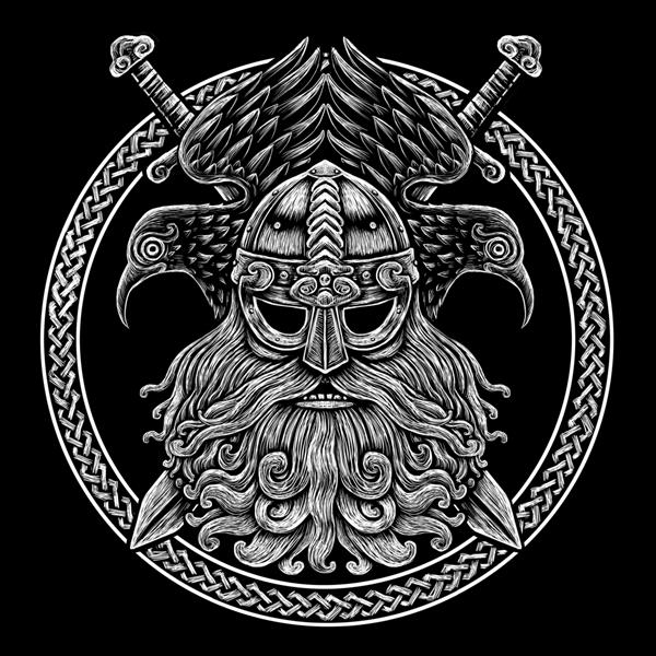 خدای نورس اودین با کلاغ و شمشیر تصویر گرافیکی در حلقه زیور سلتیک جنگجوی وایکینگ
