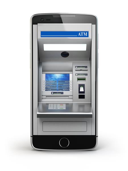 مفهوم بانکداری آنلاین و پرداخت موبایلی تلفن هوشمند به عنوان ATM جدا شده در پس زمینه سفید تصویر سه بعدی
