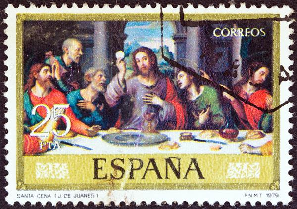 اسپانیا - حدود 1979 تمبری چاپ شده در اسپانیا از شماره نقاشی های مذهبی نقاشی شام آخر اثر J de Juanes در حدود 1979 را نشان می دهد