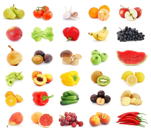 کلاژ میوه ها و سبزیجات مختلف جدا شده در پس زمینه سفید