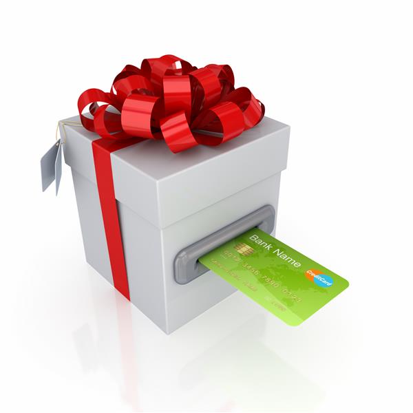 کارت اعتباری سبز و جعبه هدیه جدا شده در پس زمینه سفید رندر شده سه بعدی