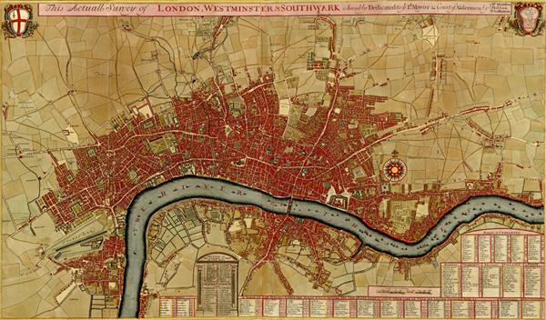 نقشه عتیقه لندن ساوت‌وارک و وست مینستر اطلس استحکامات و نبردها توسط آنا بیک و گاسپار بیلیو در ابتدا در قرن هفدهم منتشر شد