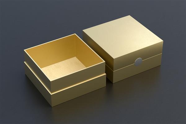 دو جعبه مربع طلایی روی زمینه سیاه باز و بسته می شود تصویر سه بعدی