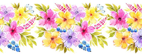 حاشیه گل بدون درز برای طراحی شما گل های نرم و درخشان با شکوه برگ ها و چمن آبرنگ نقاشی شده با عشق