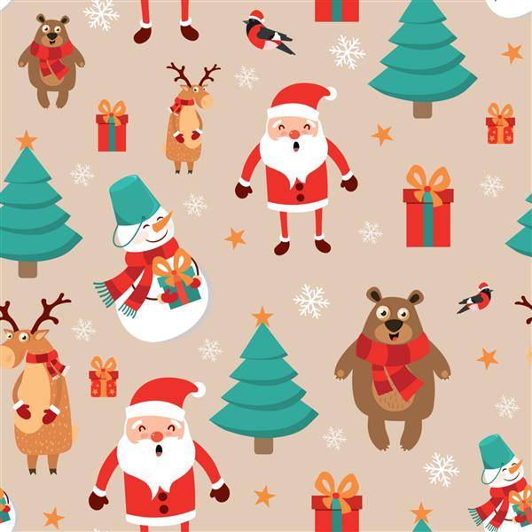 نمادها تصویر الگوی بدون درز کریسمس و سال نو را تنظیم می کنند هدایای یدکی آدم برفی درخت کریسمس بابا نوئل گوزن گاو نر