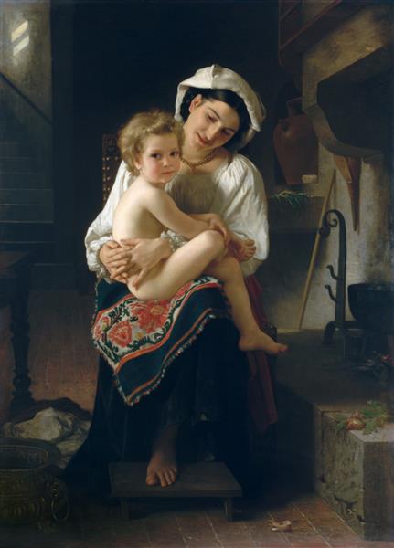مادر جوان در حال نگاه کردن به فرزندش اثر ویلیام بوگرو 1871 نقاشی فرانسوی رنگ روغن روی بوم در محیط خانه ای محقر زنی جوان با لباس دهقانی مرتب فرزند برهنه خود را در دست گرفته و می پرستد