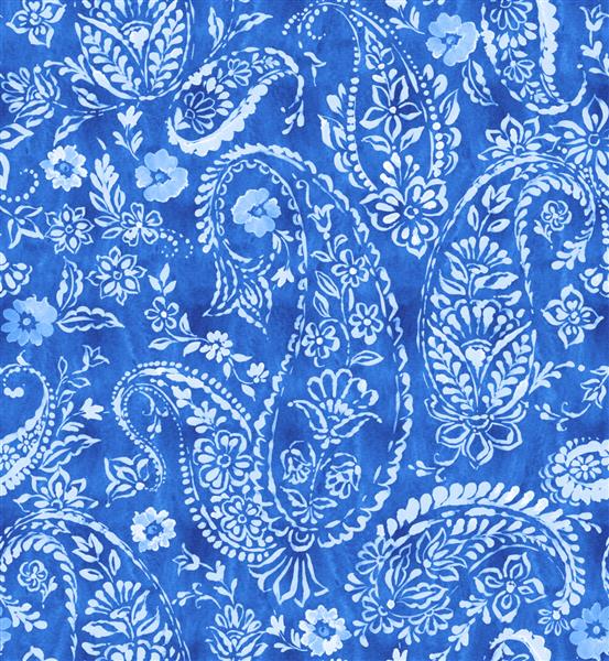 الگوی پیزلی بدون درز در رنگ‌های آبی نیلی با جلوه آبرنگ به سبک شلوار جین طرح خیار هندی