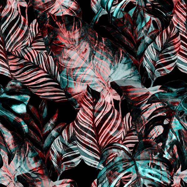 الگوی بدون درز آبرنگ با برگ های استوایی نخل هیولا میوه شور چاپ روی سرتاسر زیبا با گیاهان عجیب و غریب طراحی شده با دست طراحی گیاه شناسی لباس شنا