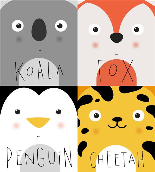 مجموعه ای از پوزه حیوانات کوالا روباه پنگوئن نقاشی یوزپلنگ به سبک کارتونی زیبا