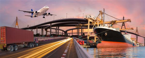 مفهوم حمل و نقل پانوراما و لجستیک با هواپیمای قایق کامیون برای پس زمینه صادرات واردات لجستیک