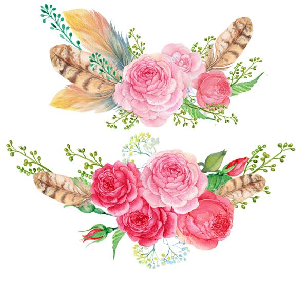 دسته گل آبرنگ ترکیب پر و گل رز برای کارت تبریک یک دسته گل با آبرنگ