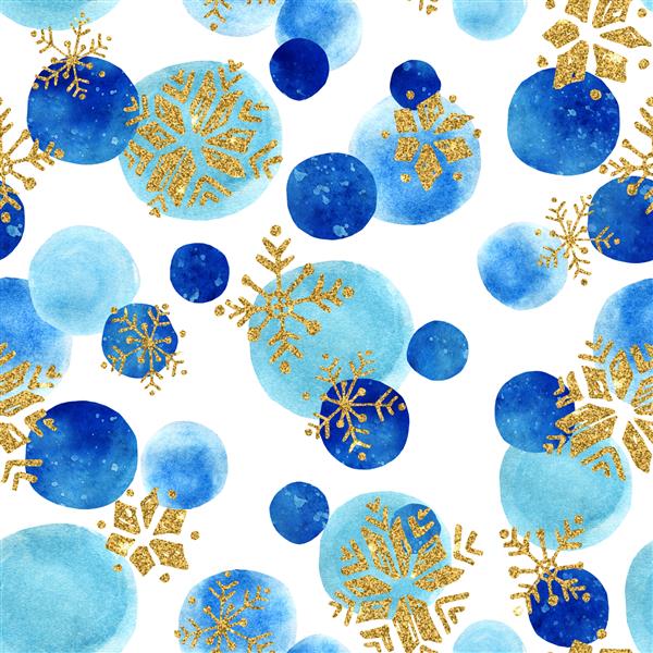 الگوی زمستانی انتزاعی با دانه های برف پر زرق و برق و دایره های آبرنگ در پس زمینه سفید الگوی بدون درز با آبرنگ و تکه های درخشان تصویر نقاشی شده با دست برای طراحی زمستانی