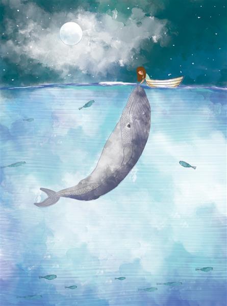 نقاشی تصویری از دختری که با نهنگ در آسمان نور ماه کامل اقیانوسی مهر می زند