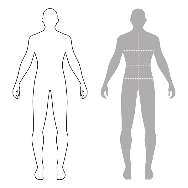سیلوئت شکل طرح دار تمام قد مدل مرد مد با خطوط مشخص شده اندازه بدن نمای جلو تصویر جدا شده روی پس زمینه سفید