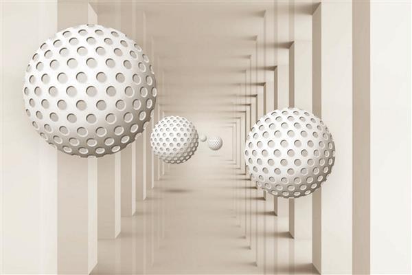 توپ های تصویر سه بعدی در یک تونل خاکستری برای کاغذ دیواری چاپ دیجیتال کاغذ دیواری طرح سفارشی