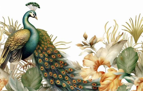هنر انتزاعی مدرن تصویر گل آبرنگ عناصر طلایی نقاشی آبرنگ کاغذ دیواری کودکانه گیاهان طراحی شده با دست جنگل بارانی استوایی طاووس برگ چاپ کاغذ دیواری پوستر